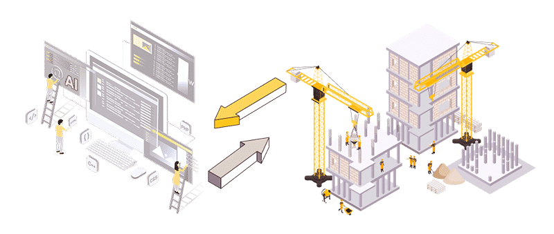 A conceptual diagram showing the "Division of Labor" between AI and Construction. On the left, the AI engine being built by Silicon Valley. On the right, an active construction site representing the essential fuel (construction data).