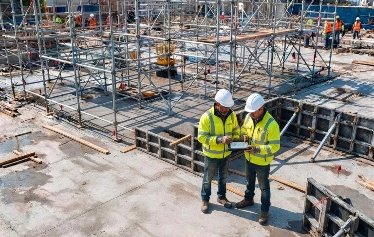 Construction intelligence: how leading GCs use AI and project data to transform decision-making. Image shows a photograph of two construction workers in hard hats on a building site with scaffolding behind them.